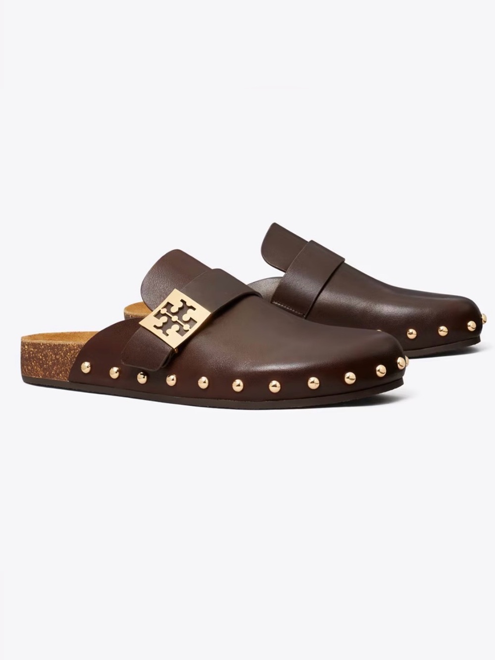 Tory Burch Deep Mocha/Gold Leather Studded Mellow Mules - size 6.5 - VGUC
